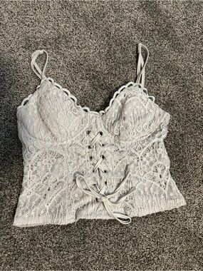 Lily White Ivory Lace Corset Crop Top XS Boho Festival Lace Up Cami Whimsigoth